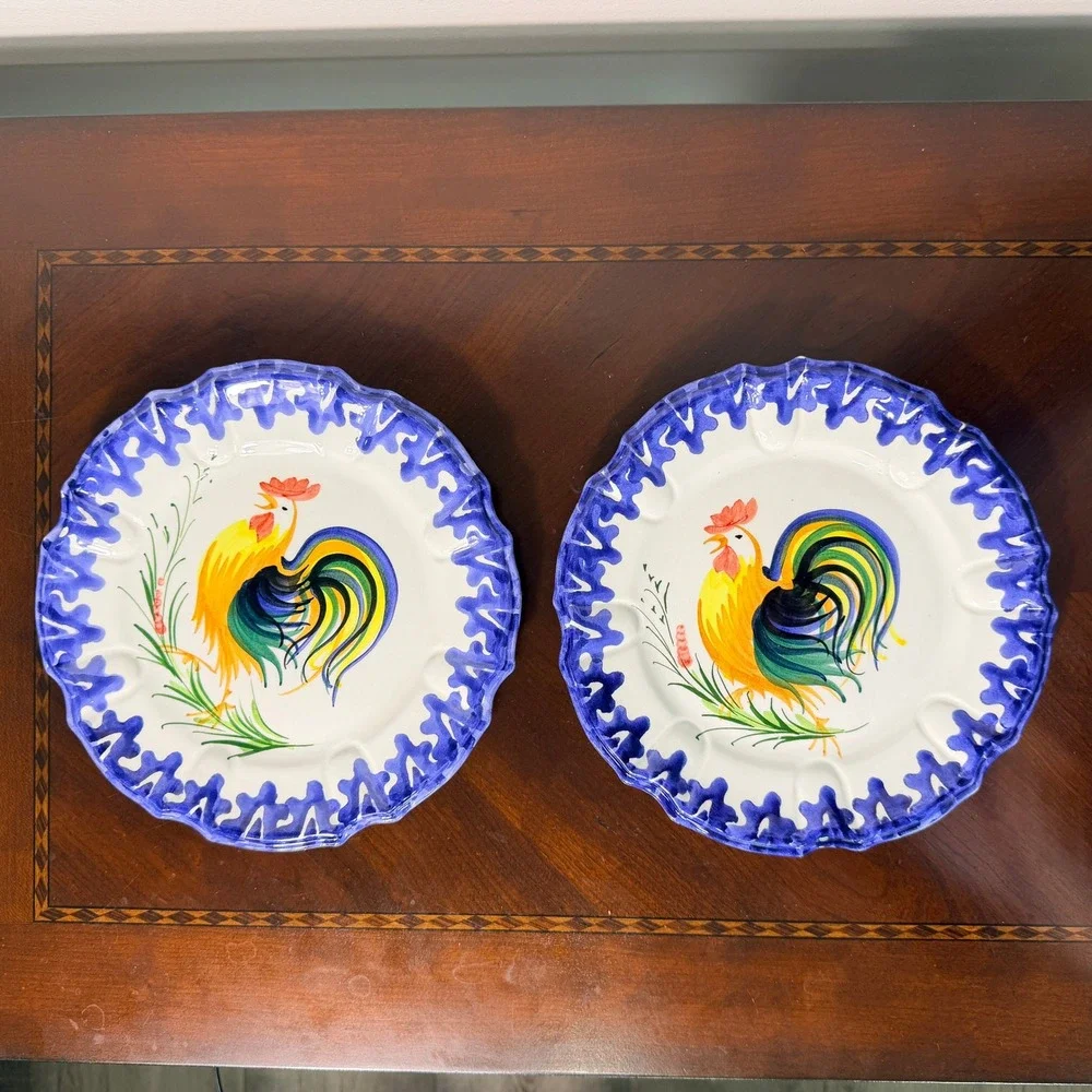 Vintage Zanolli Italy Hand Painted Rooster Majolica Plates Set of 2 Tuscan Decor